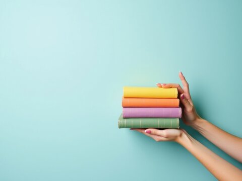 Manos que sostienen con delicadeza una pila de cinco libros vibrantes con tapas desgastadas. Espacio para publicidad