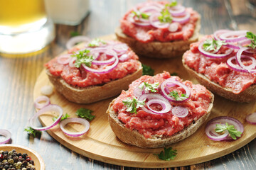 Traditional German sandwiches with minced meat Mettbroetchen