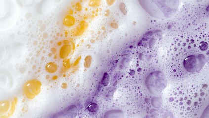 Vibrant, foamy mixture of purple and yellow.  A close-up view of sudsy bubbles