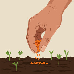 Hand Sowing Seeds in Soil with Seedlings Growing Art