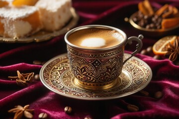 Traditional coffee served in an ornate cup on rich velvet fabric with dessert and spices