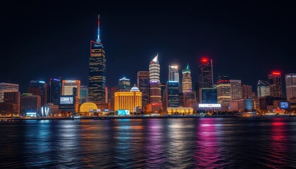 Obraz premium Calgary's glittering nocturnal cityscape, towers reflecting in dark waters, skyscraper, alberta photography