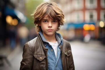 Fototapeta premium A young boy with short brown hair is wearing a leather jacket and blue jeans