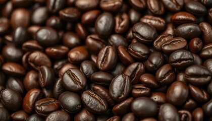 Obraz premium Dark roasted espresso beans close-up, showcasing rich brown color and oily sheen, robusta, texture