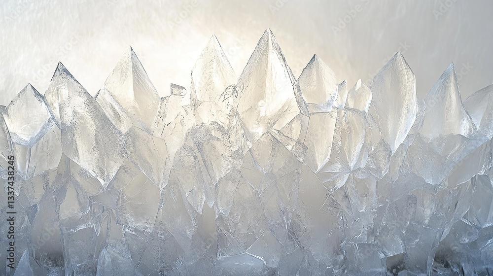 Poster the jagged edges of frozen ice spikes forming symmetrical geometric patterns beneath a softly lit tr