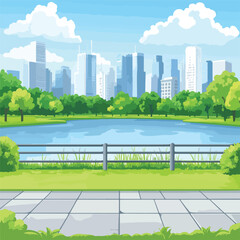 Fototapeta premium Tranquil City Park Scenery with Lake, Green Grass, and Trees