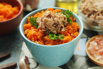 Houria, cooked carrot salad, a traditional dish of Tunisian cuisine	