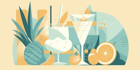 Tropical Cocktail Illustration: An inviting artistic representation of a variety of tropical cocktails, accompanied by fresh fruits, inviting you to a refreshing escape