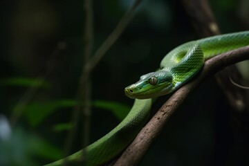 Obraz premium Emerald Gaze: A captivating close-up of a vibrant green tree snake, coiled gracefully on a branch, its piercing eyes offering a glimpse into the untamed beauty of nature.