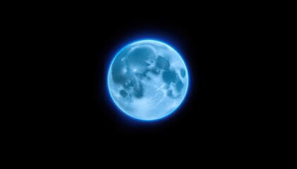 Obraz premium A vibrant blue supermoon, radiating a celestial blue halo, set against a stark black backdrop, dark, fantasy