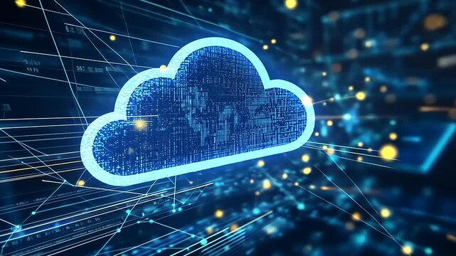 Digital cloud icon surrounded by data streams and glowing lights, symbolizing cloud computing technology