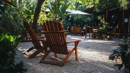 Wooden chairs are placed in the outdoor garden for people to sit and relax.