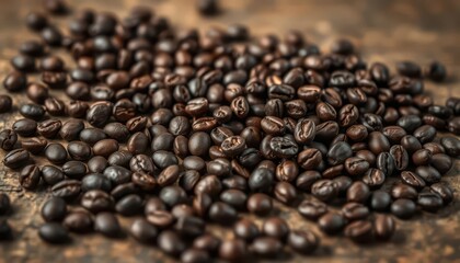 Dark roasted coffee beans scattered on rustic wood, shallow depth of field, still life, texture