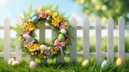 Fototapeta premium Colorful Easter wreath adorned with flowers and eggs near a white picket fence in springtime