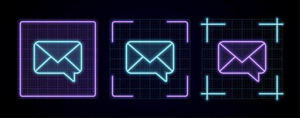 Mail message chat illustration, cyber neon visual, glowing border grid vector.	