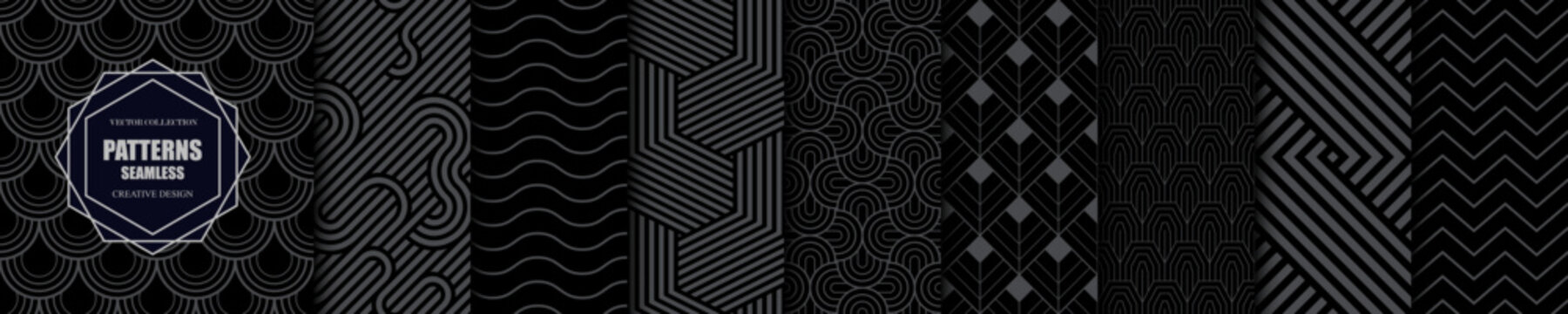 Collection of black decorative seamless geometric patterns. Striped dark luxury elegant vector backgrounds. Monochrome art deco prints