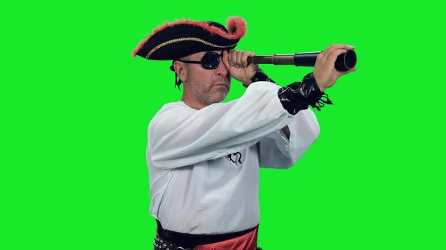 Cinematic style of rugged pirate captain with an eye patch looking through spyglass against green chroma key background, 4k pre-keyed footage