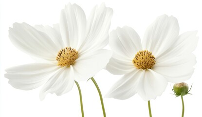 Two white cosmos flowers in close-up, isolated against a pure white background.  Delicate petals and central golden stamen, vibrant and fresh