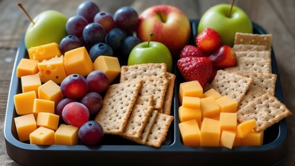 Cheese and fruit platter arranged for a casual gathering on a wooden table