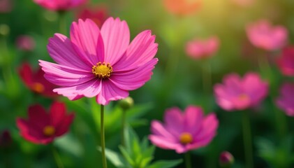 Fototapeta premium Delicate cosmos blossom, vibrant petals, lush green garden , texture, background, pink