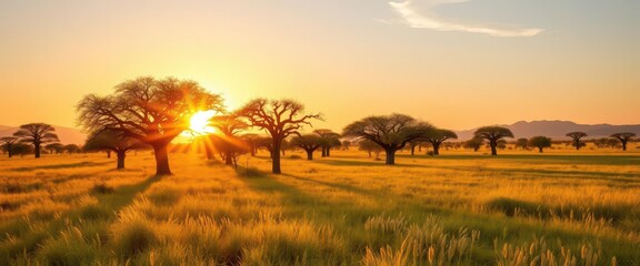 Obraz premium Golden sunrise paints acacia trees, long shadows stretch across savanna grass, travel, golden hour