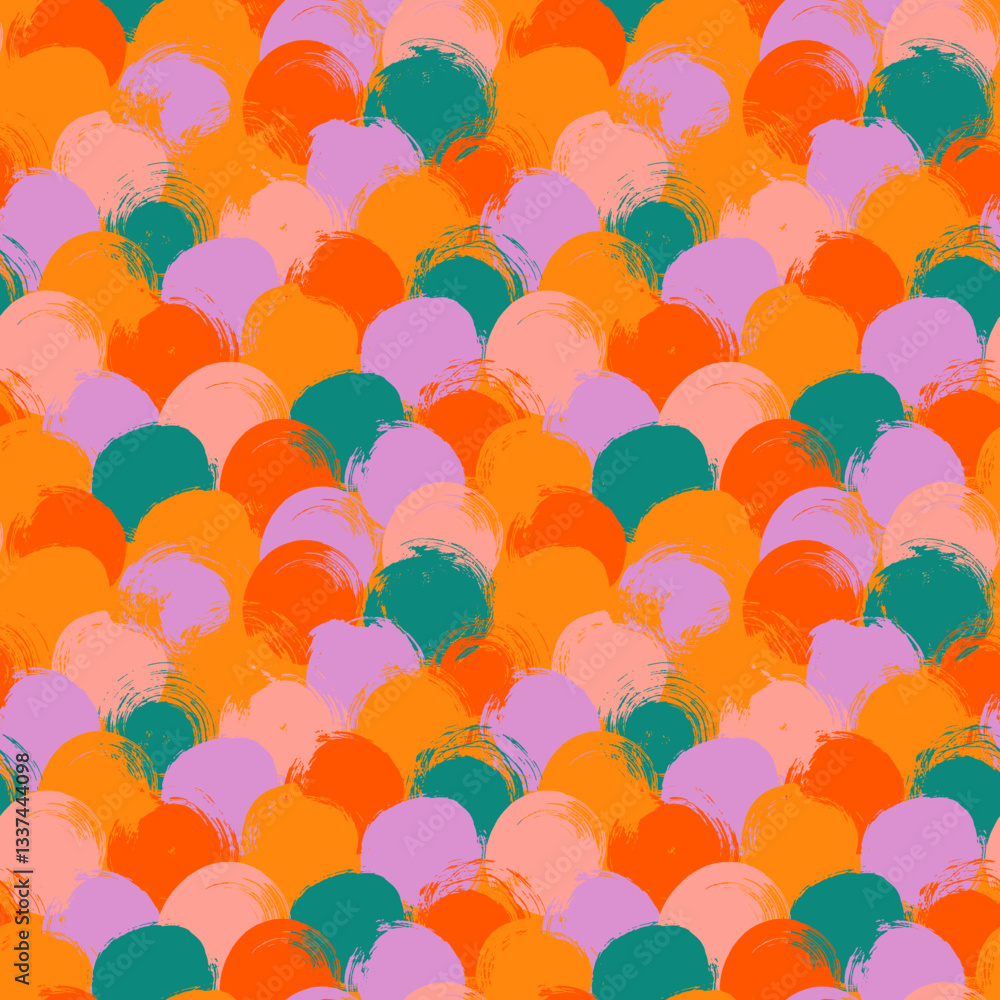 Fototapete Multi colored scallops seamless pattern. Funky naive wrapping paper with round shapes and circles. Grunge scallop shapes seamless pattern. Colorful circle stamps background.