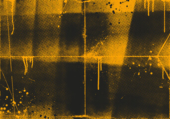 Yellow and black halftone urban background with folded paper texture, drips and paint splashes. Hand drawn graffiti punk style grunge background with brush drawn texture. Vector distressed effect. © Anastasiia Hevko