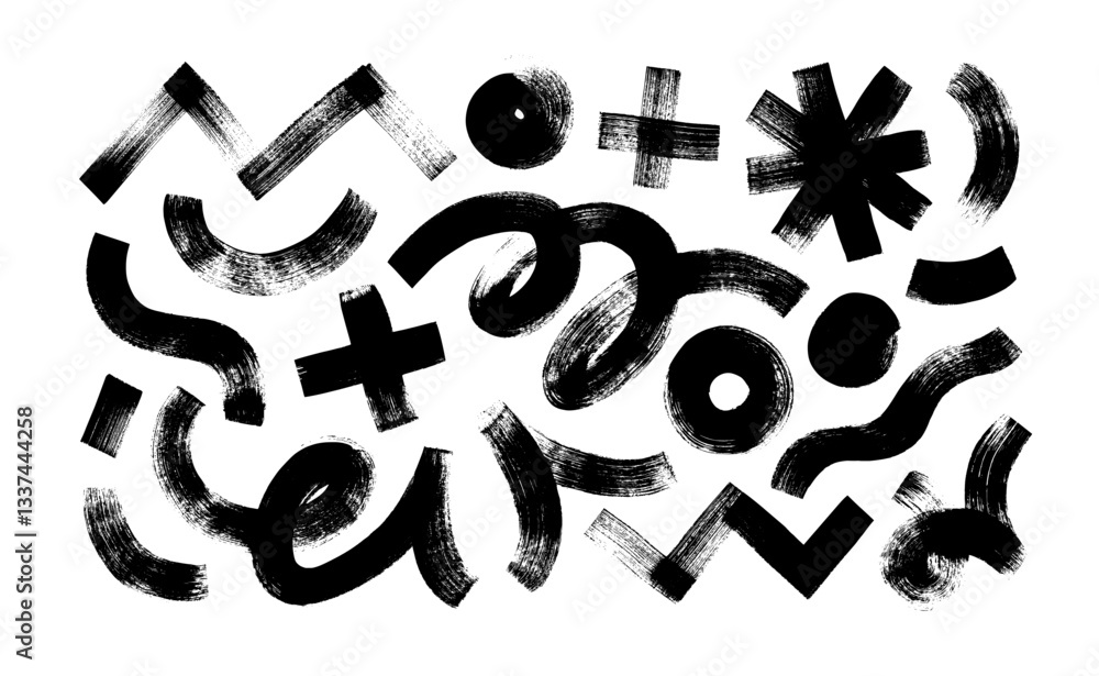 Poster funky brush drawn geometric shapes, squiggles, curved lines and asterisk. vector abstract hand drawn
