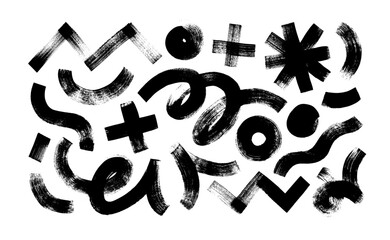 Funky brush drawn geometric shapes, squiggles, curved lines and asterisk. Vector abstract hand drawn figures for collages and contemporary design. Retro style kid geometric shapes.