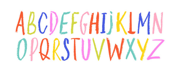 Crayon drawn childish cute font. Hand-drawn colorful simple vector alphabet. Rough doodle font drawn with wax crayon, pencil or pastel. Scribbled kid's typography. Color pencil children letters.