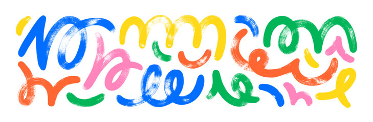 Colorful bold squiggles and doodle thick lines collection. Hand drawn vector swirls for collages design, banners and posters. Quirky spiral vector lines, colorful squiggles. Abstract naive strokes.