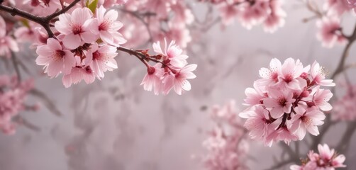 Obraz premium Soft pink sakura petals gently falling on blurred background, tranquil, nature