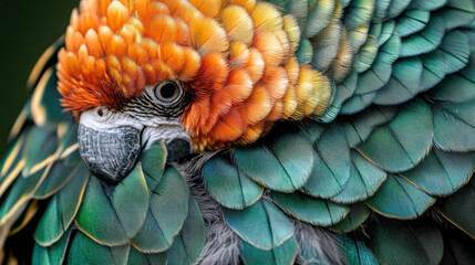 Fototapeta premium An exquisite close-up portrait of a rare parrot with radiant jade-green and amber-yellow feathers, intricate patterns, and crystal-clear details