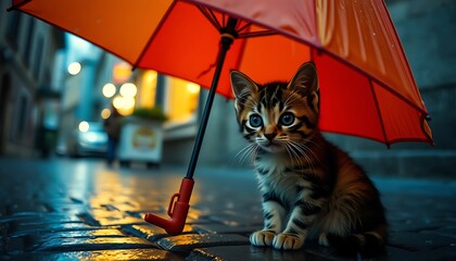 Cute Kitten Sitting Under Umbrella in Rainy City Street Scene