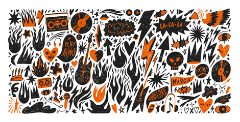 Set of graphic punk doodle shapes and figures, music abstract stickers. Y2k rock and roll stickers with grunge texture. Crayon drawn retro music elements. Cassette, guitar, crown, fire, lightning. © Anastasiia Hevko