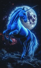 Blue Unicorn in Cosmic Moonlight	