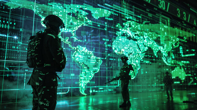 Tactical operators observing green digital world map projection in strategic command post. High-tech military intelligence facility with personnel analyzing global data visualization interface