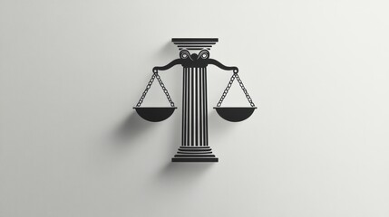 Justice scales on column, neutral background, 3D rendering, graphic design element, legal concept, icon, symbol, use for web or print