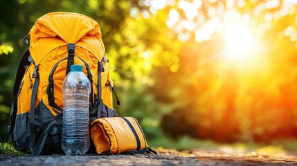 Fototapeta premium Adventure preparation backpack and water bottle in nature outdoor setting sunrise viewpoint travel concept