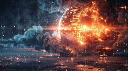 Futuristic digital sphere with circuit-like patterns glowing orange against blue atmospheric backdrop. Holographic data visualization with light streams and reflections on water surface below