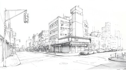 Fototapeta premium A simple black and white drawing of a city street corner. 