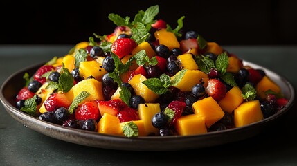 Delicious Fresh Summer Fruit Salad Mango Strawberries Blueberries Mint Healthy Recipe Sweet Dessert Vibrant Colors Food Photography meal dish diet    