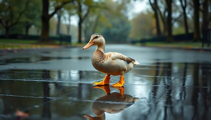 Fototapeta premium Duck Walking in Puddle Reflecting on Rainy Day Street Scene