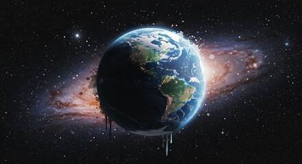 Fototapeta premium Earth in Space with Galaxy Background and Melting Effect Visual