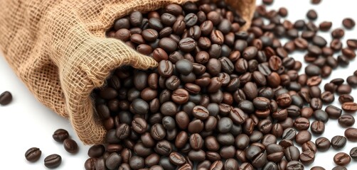 Fototapeta premium Rustic burlap sack overflowing with dark roasted coffee beans, isolated on white, aroma, background