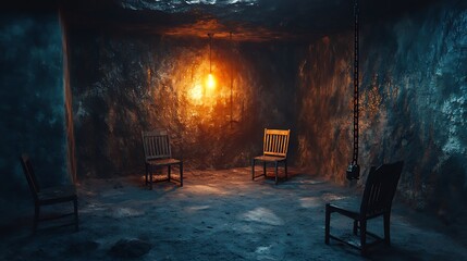 Four Chairs in a Stone Room Lit by a Single Lightbulb