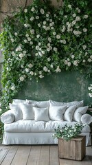 Elegant white sofa adorned with lush greenery and white flowers in a serene indoor setting