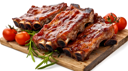 Ribs with sauce and tomatoes on a wooden board. The ribs are cooked and look delicious. The tomatoes are fresh and add a pop of color to the dish. The wooden board gives the dish a rustic