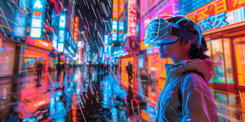 Fototapeta premium Nighttime Neon-Lit Urban Street Scene with Reflective Wet Pavement in Bustling East Asian City