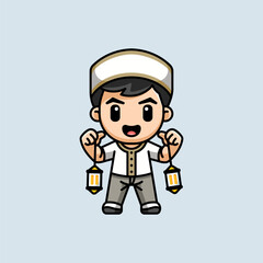 Cute Muslim Boy Holding Lanterns in a Happy Cartoon Illustration